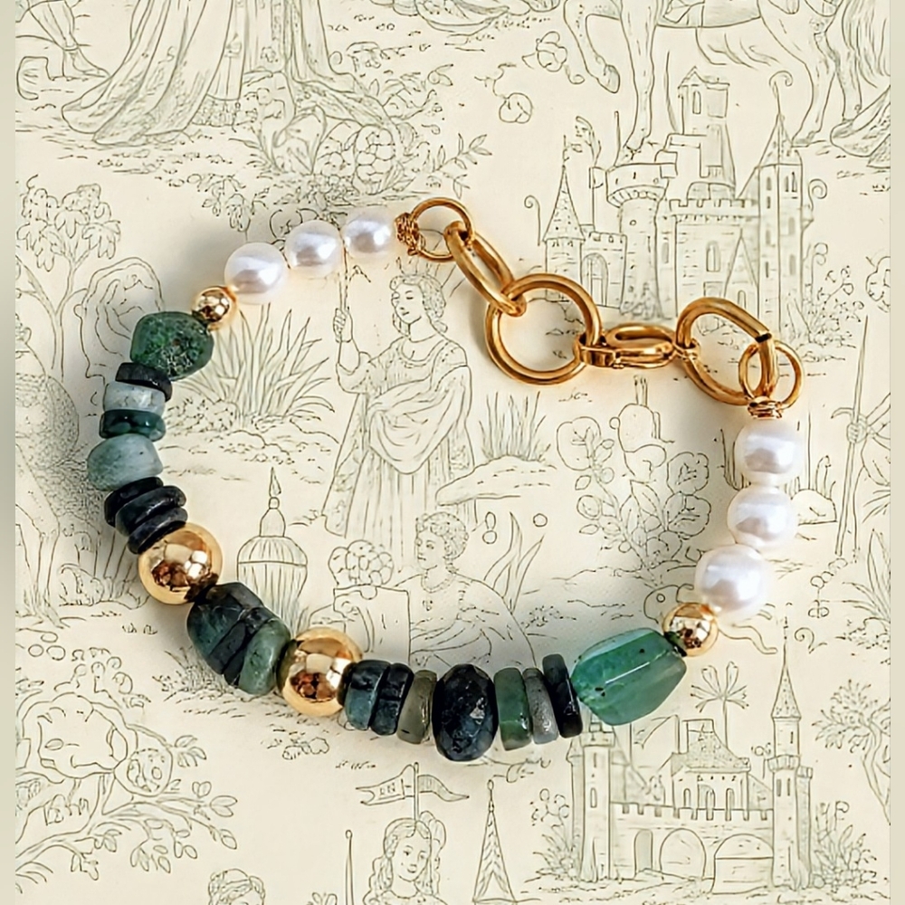 Natural Green Emerald Beads & Freshwater Pearls In Artisan Handcrafted  Bracelet